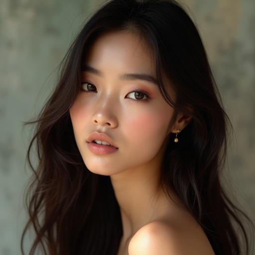 Highly realistic portrait of a beautiful young woman with long dark hair. Bright expressive eyes and smooth skin. Natural makeup creates soft features. Background is softly blurred. Natural lighting highlights the face. Elegant and serene atmosphere. Exuding confidence and grace with effortless beauty.