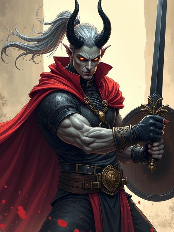 Anime-style illustration of a tall imposing male tiefling swinging a black longsword with ash-gray skin long silver hair sleek horns wearing chainmail and red cloak shield on his back blood splashing dynamic action soft warm lighting bold cel-shading stylized shadows.