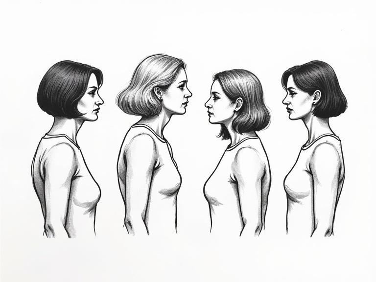 Illustration features four side profiles of figures. Two women and one androgynous person and a grandmother with bob haircut. All figures depicted in ink.