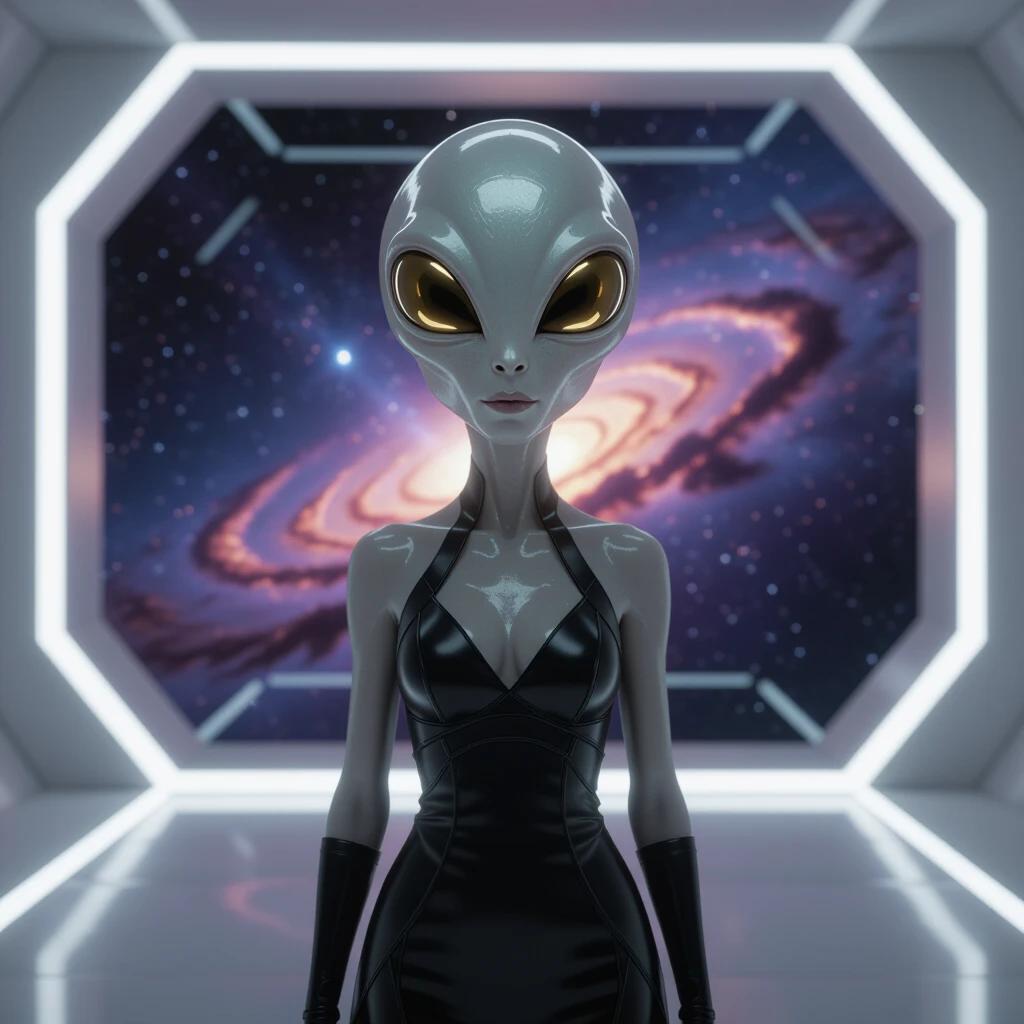 Full-body shot of an elegant extra-terrestrial being in a futuristic room. The being has a natural human body and a distinct alien head. It overlooks a vibrant nebula through a large window. High tech clothing worn by the being. Dramatic side lighting creates shadows. Scene features hyper-detailed textures and lighting.