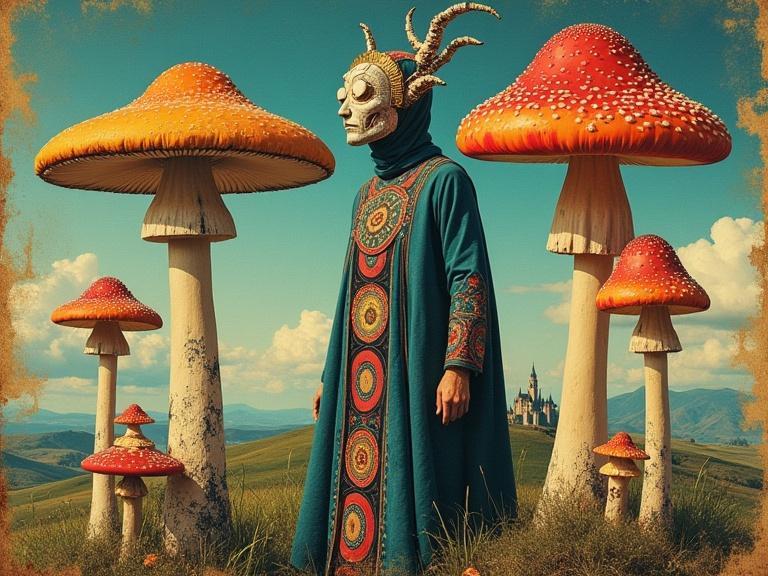 Mushroom themed artwork featuring a central mystical figure with circular patterns on the robe, wearing a geometric mask. Surrounded by large earthy and vibrant mushrooms, with smaller floating mushrooms near the figure's head. The background has a serene sky, distant castle, and rolling hills, creating a sense of vastness. Rich layered color palette with bold contrasts. Vintage collage-like style emphasizing depth and mystery.