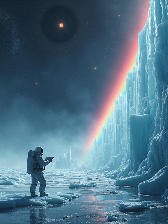 A lone astronaut records a message on a diamond plate while floating past a wall of interstellar ice. Ancient messages from civilizations are embedded in the ice. Behind the astronaut, a quantum rainbow connects two black holes.