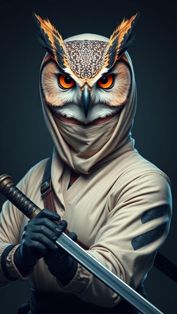 This striking image features a humanoid character with the head of an owl, dressed in traditional ninja attire. The character holds a katana with both hands, poised for action. The combination of vivid, fiery orange eyes against the muted earth tones of the feathers creates a captivating contrast, enhanced by the character's determined pose.