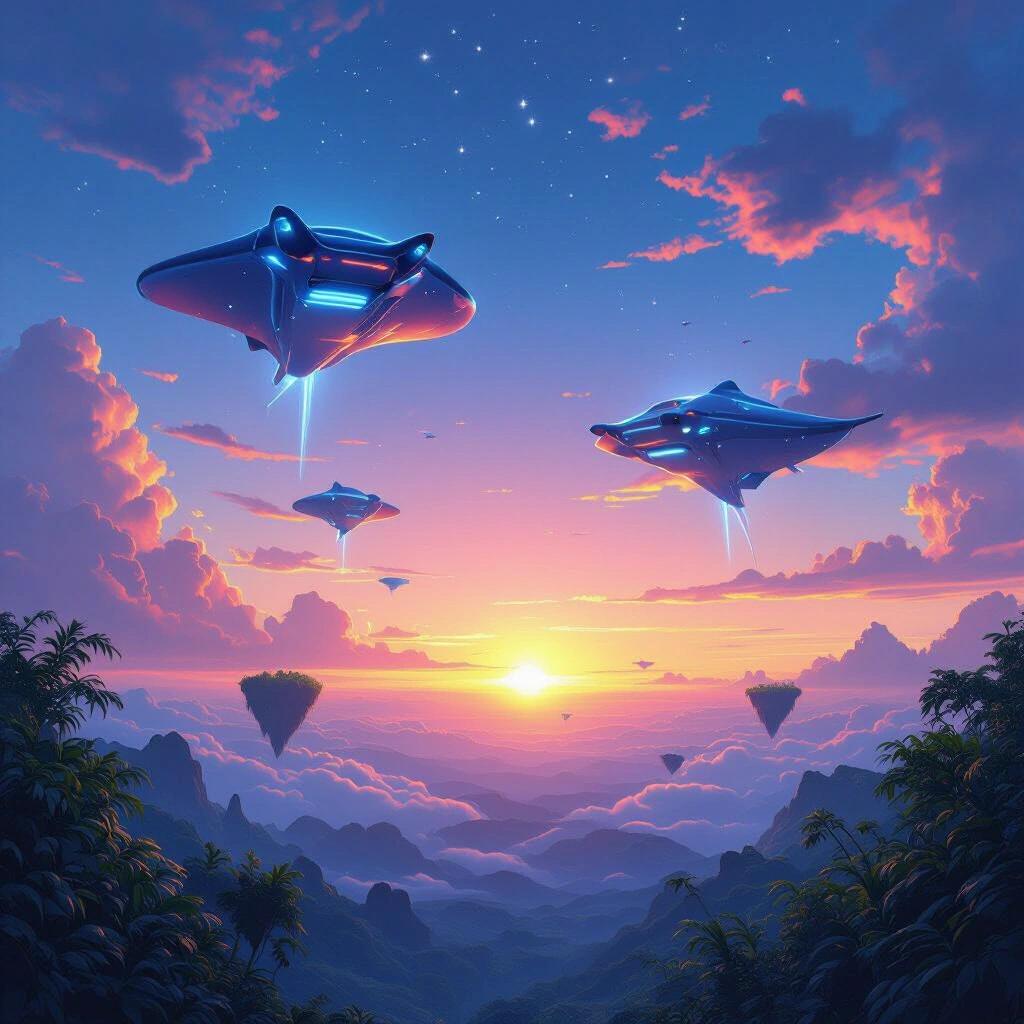 Double sunset sky with a neon glow. Vast expanse filled with floating islands. Alien planet featuring manta ray-like creatures. Lush jungle landscape below.