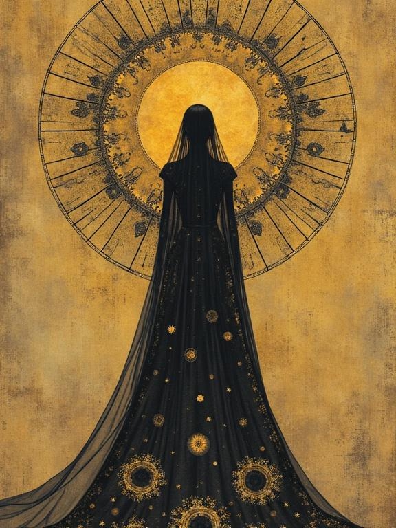 A figure in a black dress facing a large golden circle. The dress is decorated with celestial motifs. The background is textured with warm tones. The scene has a minimalist feel with a mystical aura.