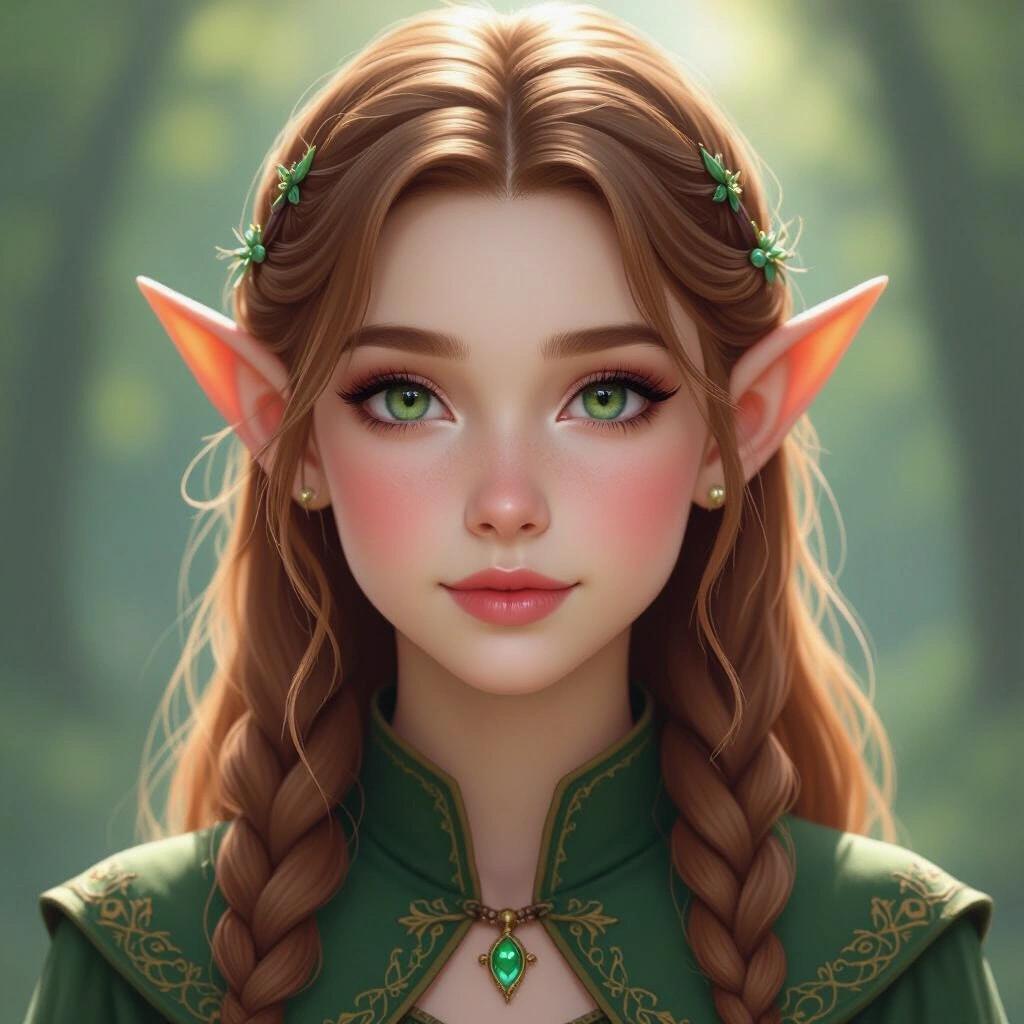 Ultra-realistic portrait of a beautiful 18-year-old elf girl with green eyes and long, braided hair in a forest setting.