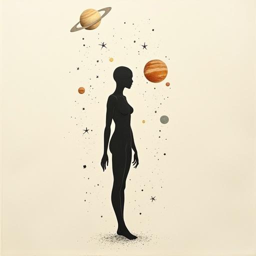 Monochrome silhouette depicting a human form in space with celestial bodies. The figure lacks facial features and is sketched delicately with ink lines. The aesthetic is minimalist, inspired by traditional Asian art.