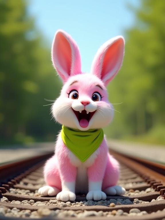 A pink and white rabbit sits on railroad tracks. The rabbit has big eyes and a surprised expression. A lime green bandana is worn by the rabbit. Background includes blurry green trees and a blue sky. Ground has small rocks. The scene looks real and inviting.