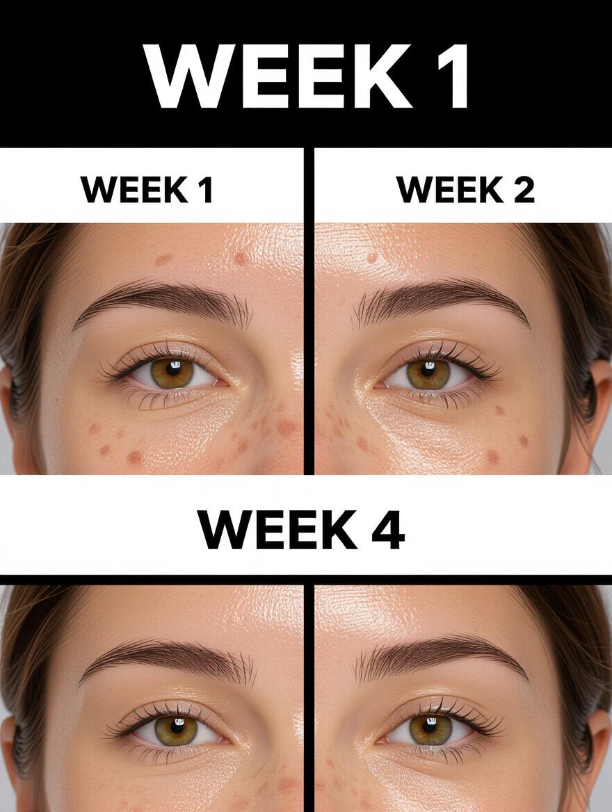Timelapse image showing a woman's face over three weeks with acne. First week with many small pimples. Second week with fewer, still noticeable. Fourth week shows clear skin with tiny imperfections. Woman appears realistic with natural features.