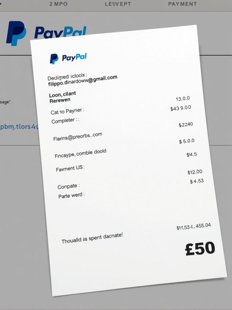 Document shows proof of payment from PayPal. Payment directed to an email. Receipt has recognizable PayPal design. Layout emphasizes clarity with bold text and simplified background. Completed transaction of £50.