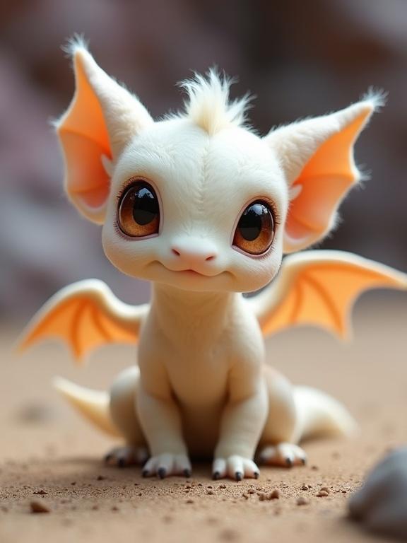 A cute, small dragon-like creature with fluffy off-white body and delicate orange wings and ears. Its large brown eyes full of curiosity and small claws sit in a rocky environment with sandy brown ground.