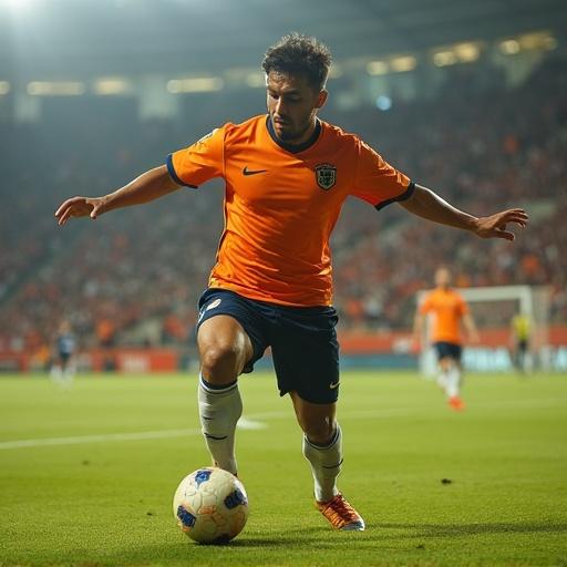 A football player dribbling a soccer ball on the field in an orange jersey during a night game