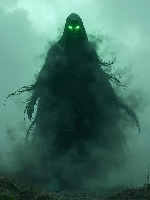 A wraith-like figure with glowing green eyes stands in wind. Cloak thrashes violently. Eyes pulse with energy. Figure unravels and is swept away. Form disintegrates into mist. High-quality CGI with detailed textures. Motion elements visible as camera rotates around.