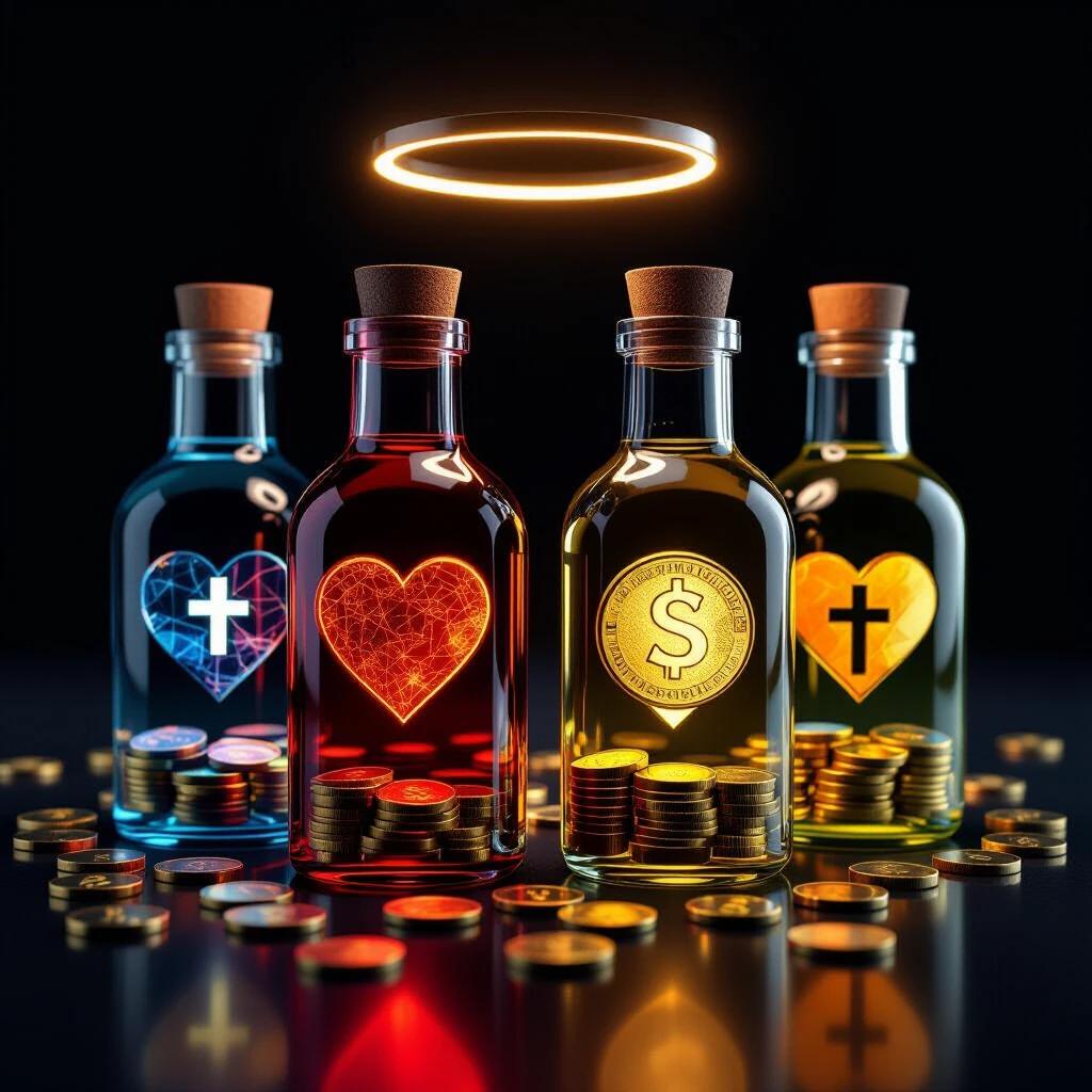 Bottles each containing love depicted by a heart money represented with a gold coin health shown with a small cross Different colors for each bottle Dark eerie black background A halo of light illuminates them highlighting their features Highly realistic professional appearance in 4K detail