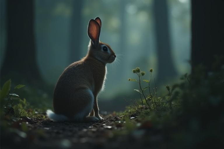 A rabbit in silhouette sits on a trail in a dark forest. Light filters through the trees creating a mystical atmosphere.