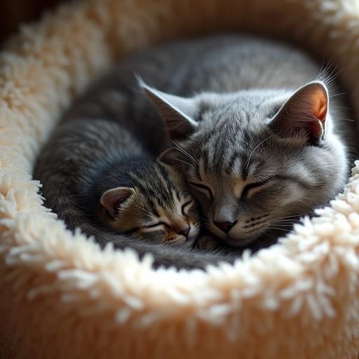 Cozy domestic scene with an adult British Shorthair cat and a small dark-striped kitten in a plush cat bed. Both animals are calm, the kitten is curled up, and the setting includes a soft bed and scattered cat toys.