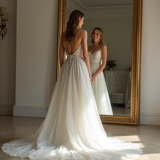 A young woman stands gracefully in front of a large mirror. She smiles gently at her reflection. She wears an elegant white wedding gown with lace details. The gown flows beautifully to the floor. Soft romantic lighting enhances the ethereal atmosphere.