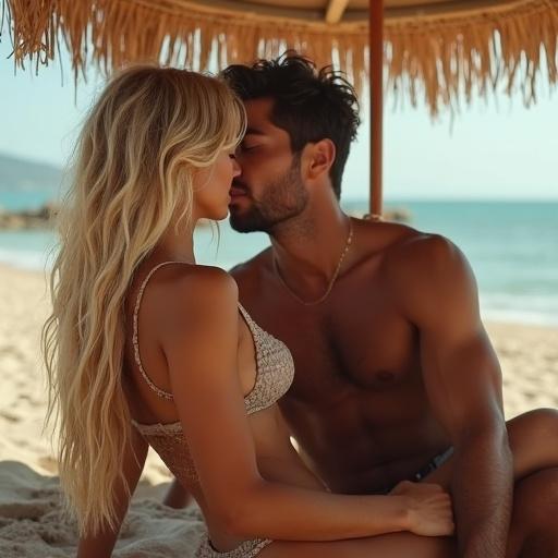 Photo of couple kissing at the beach under an umbrella. Influencer with long blonde hair. Handsome man with a fit body. They are lying on the sand.