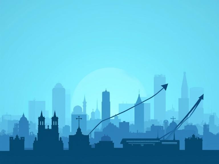 A YouTube channel banner for business storytelling. Soft gradient background with colors from sky blue to deep business blue. Minimalist and professional layout. Silhouettes of iconic Italian buildings and factories like Olivetti and Fiat. Upward arrows and growing charts integrated into the background. Clean and modern font for the slogan in white. Logo placeholder on the top left. Cinematic light and flat design with spacious composition.