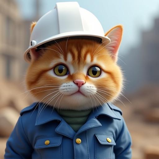 Realistic cat wears white safety helmet and blue work uniform. It is in a construction site. Cat shows a disappointed expression and is about to cry in Genba Neko style.