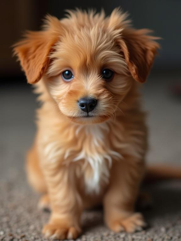 A cute little ginger puppy with fluffy fur and big expressive eyes sitting on a soft surface. The puppy is looking directly at the camera.