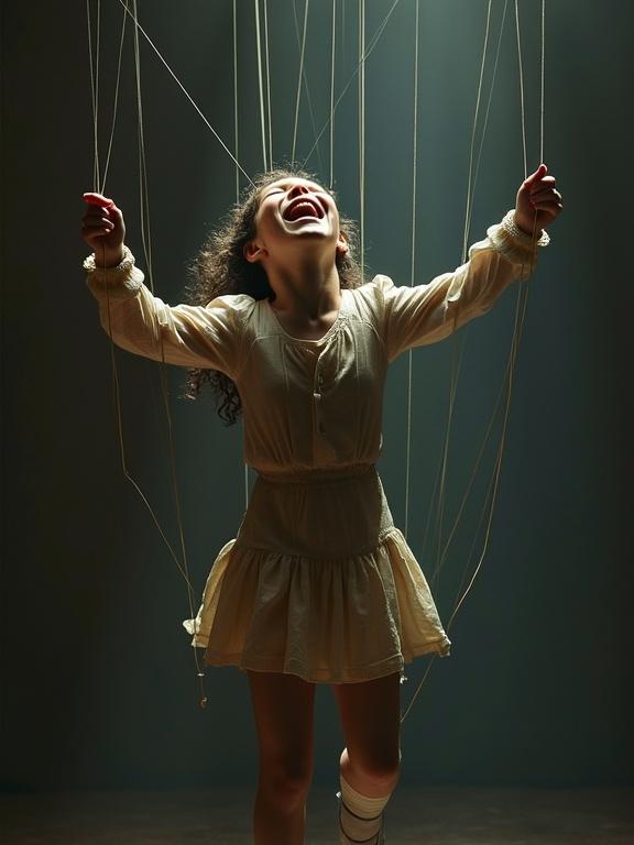 A young girl laughs joyfully while holding marionette strings. The scene conveys a sense of freedom juxtaposed with the loss of control. The lighting shifts from warm to cool emphasizing her transition.