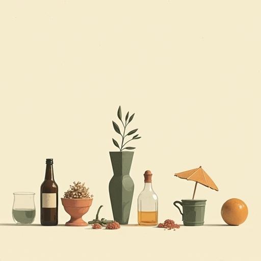Minimalist vintage-style bar illustration featuring oversized objects with vast negative space. A clean background showcases a bottle, a glass, a vase with leaves, and a bowl all arranged elegantly. Focus on contemporary aesthetics and subtle textures.