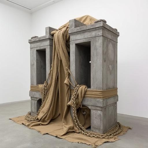An abstract sculpture reflecting medieval torture elements and BDSM aesthetics. Made of concrete, wood, burlap, rope, steel, chains, and restraints. Inspired by artists like Anselm Kiefer, Eva Hesse, Richard Serra.