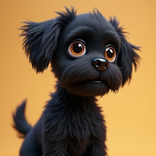 A black Shih Tzu dog in Pixar style with large expressive eyes and a cheerful expression.