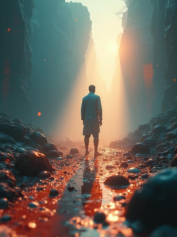 Solitary abstract figure in surreal landscape with small symbolic objects. Soft cinematic light from low angle. Dramatic shadows cast across ground. Intricate caustics shimmer around figure. Subtle perspective distortion creates dolly zoom effect. Long exposure renders motion as blurred streaks. Bright colors create mysterious mood. Ultra-detailed photorealistic image.