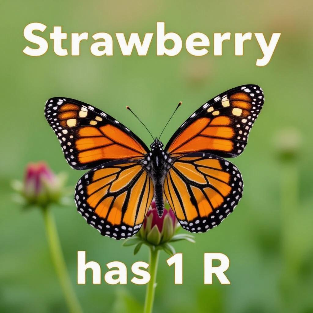 A butterfly has bright orange and black wings. The butterfly sits on a flower. Text on the image says 'strawberry has 1 R'.