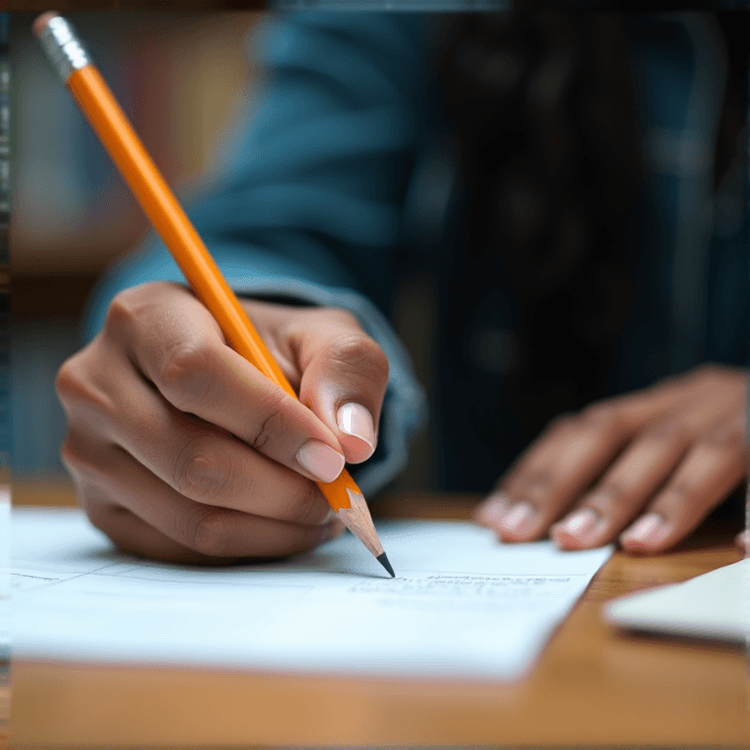 A person is holding a pencil and writing on paper.