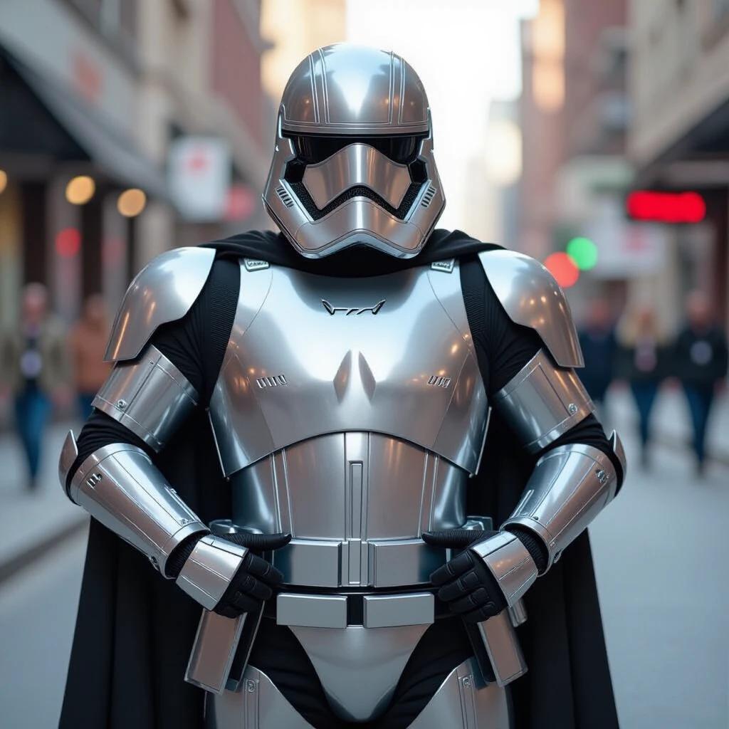 A character in metallic silver armor posing confidently on a city street. The armor is shiny and resembles that from a popular sci-fi franchise.