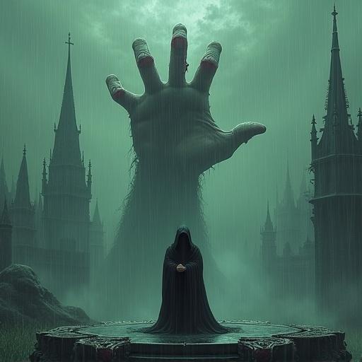 High quality dark fantasy illustration. Epic dark fantasy scene. In a rain soaked gothic inspired landscape, a cloaked figure stands on a raised stone platform. The platform has grotesque carvings. The figure is in a state of contemplation with hands clasped in front. Above the figure is a massive hand emerging from a swirling mist. The hand is pale and decaying with long jagged nails tinged with blood. The background is a dark medieval cityscape with tall spires. Rain pours down creating a somber atmosphere. Color palette is dominated by muted greens blues and grays with splashes of red from the hand's nails.