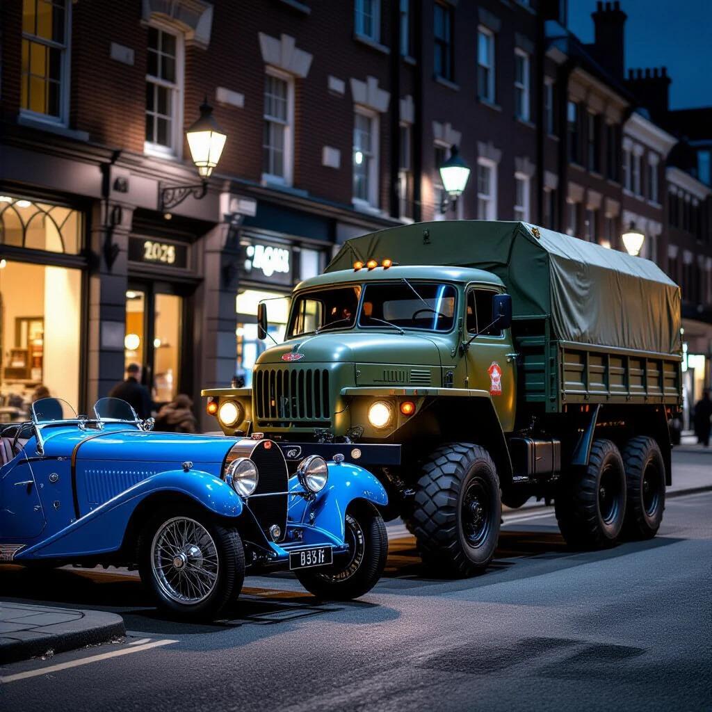 Photorealistic night scene in Waterloo 2025. Contrast of a pristine 1924 Bugatti Type 35 in French Racing Blue parked against a large rusty Soviet 6x6 military truck. Rain-slicked cobblestones reflect street signs and ads. Low-angle perspective shows size difference. Steam from Bugatti's exhaust and oil from the truck. Sharp details of car features and textures.