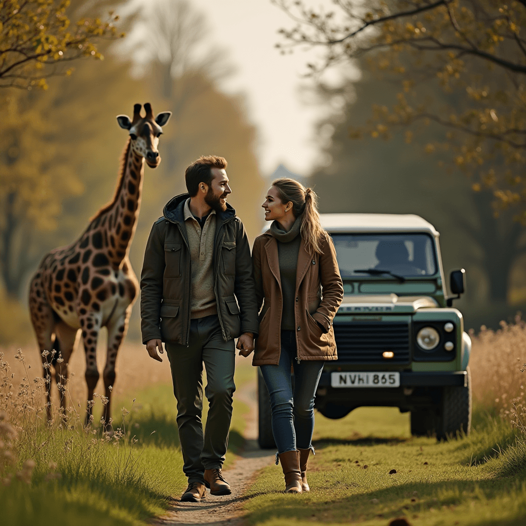 A couple holds hands while walking on a rural path beside a giraffe and an off-road vehicle.