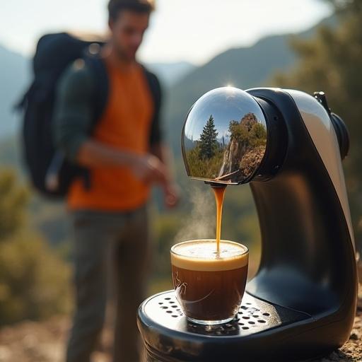 A portable espresso machine is set up outdoors by a young adventurer. Espresso is being brewed with steam rising. Close-up shows the espresso with text saying 'Espresso. Anywhere. Anytime.' Modern cinematic style, motivational theme.