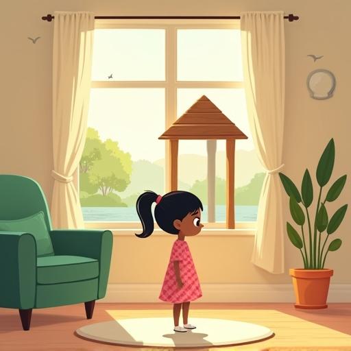 A flat-style children's book illustration depicting a young girl in a room with warm lighting. The girl stands inside a symbolic wooden house looking at her shadow on the wall. The room contains a green armchair, a round rug, off-white curtains, and a potted plant. The scene subtly blends reality with imagination through overlays of trees, birds, and a river in the background.