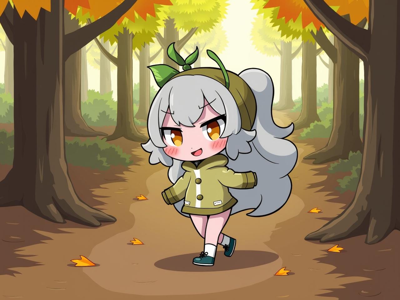 The image features a stylized animated character walking along a forest path. The character has long, flowing hair and is wearing a cozy hoodie. The background is a vibrant forest scene with geometric patterns of light filtering through the trees. There are leaves scattered on the ground, indicating a season of change, possibly autumn. The character appears cheerful and is in a relaxed pose, suggesting a peaceful walk in nature.