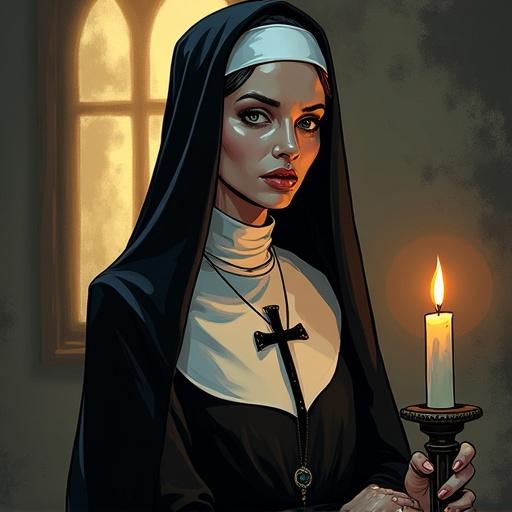 Comic book style illustration. Full-length portrait of a nun. Features bold ink outlines. Includes a black cross. Non-photorealistic with horror and dark fantasy aesthetic. Soft cel shading with artistic shading techniques. Stylized depth of field with soft warm lighting from a candle. Realistic textures and details.
