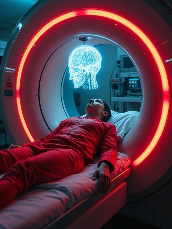 A red humanoid character lies inside a modern MRI machine. A holographic representation of a brain scan floats above. The environment features advanced lab equipment and medical technology in the background.