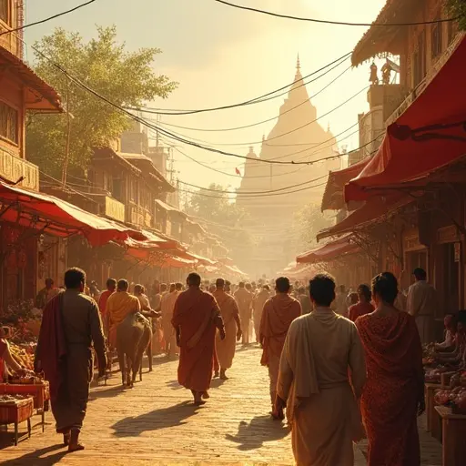 Scene depicts a bustling Indian market village crowded with traders and monks. Market has vibrant colors and smells of spices. Merchants call out their goods like textiles and jewelry. Temple can be seen in the background. Bright golden sunlight enhances the atmosphere. Elephants and ox carts move among the crowd as children play nearby.