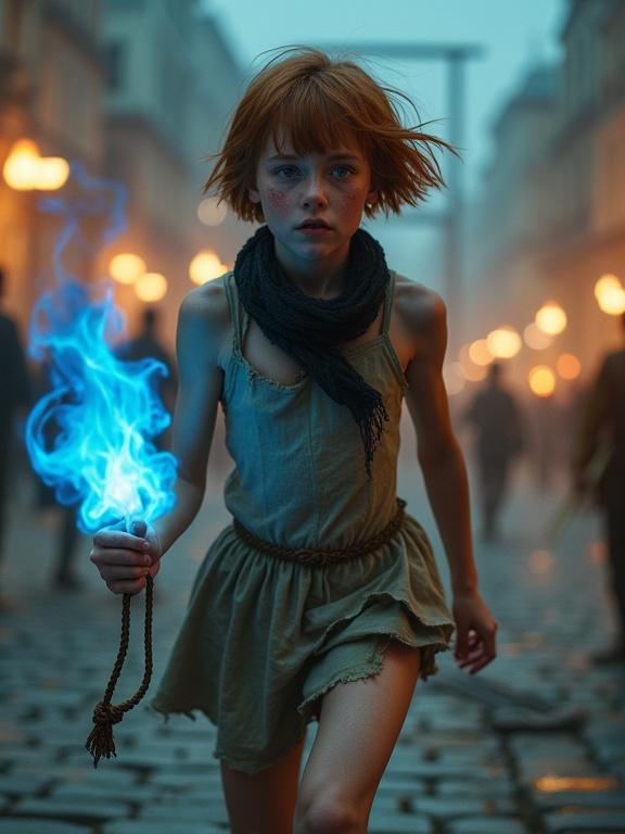 A beautiful teenaged girl runs through a city square at night. She has short auburn hair and pale blue eyes. Her expression is frightened. She is barefoot, wearing a torn dress. Ropes hang loosely from her wrists. A black scarf drapes around her neck. She holds a magical blue flame. In the distance is a burning gallows platform. Rioters chase her with torches and pitchforks.