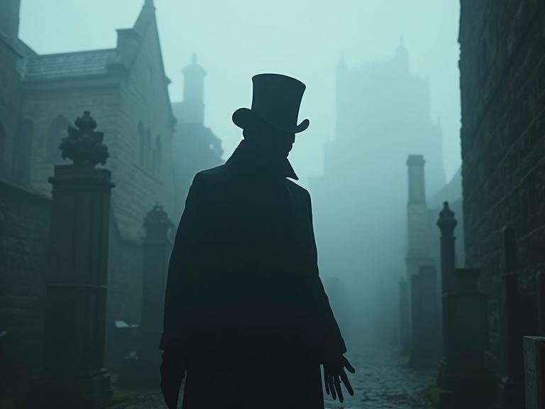 Tall shadowy figure with a top hat appears from fog in Greyfriars Kirkyard. Cracked gravestones are visible. Setting evokes cinematic horror ambiance. Image captures photorealism.