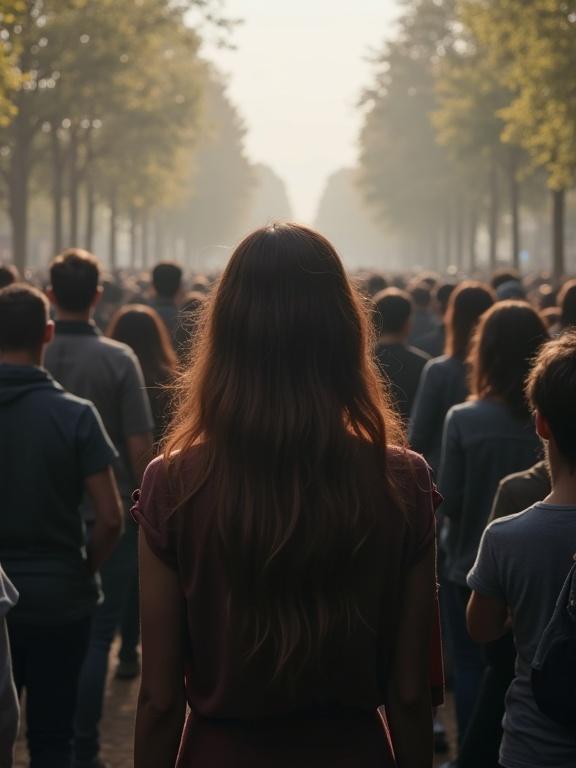 A woman stands among a crowd of people in a public space. Natural setting with trees lining the walkway. Light mist in the air creating a soft atmosphere. The scene is bustling with people sharing a moment.
