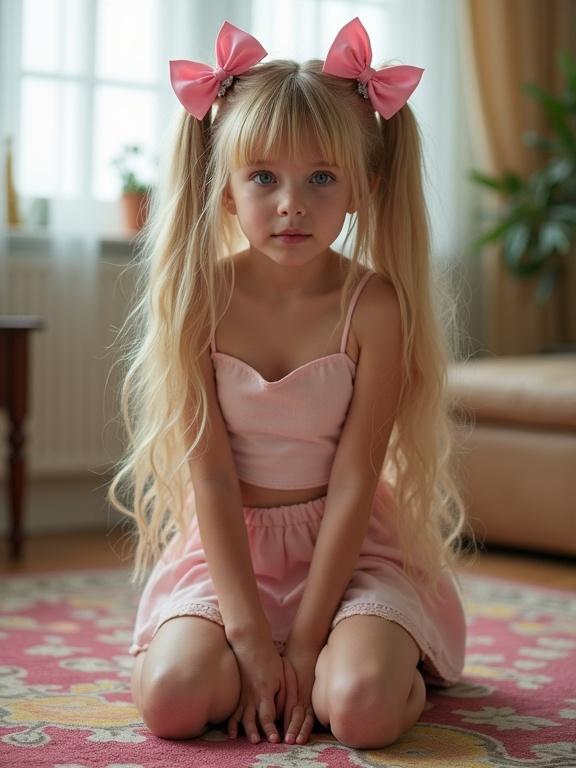A young girl with long blonde hair styled in twin tails wearing pink bows. She kneels on a colorful rug in a bright living room. Attire includes a crop top and pink skirt. Soft lighting creates a gentle ambiance.