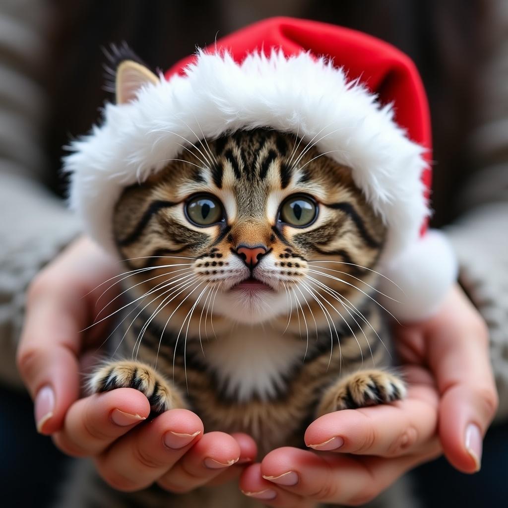 A cozy cat wearing a Santa hat. Cat is held gently in human hands. Ears of the cat are hidden under the hat. Cat appears very happy and curious. Background is softly blurred to emphasize the cat and the hat.