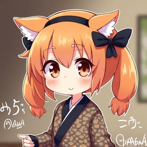 Kawaii anime character with fox ears, orange hair in pigtails, wearing a patterned kimono, smiling cutely