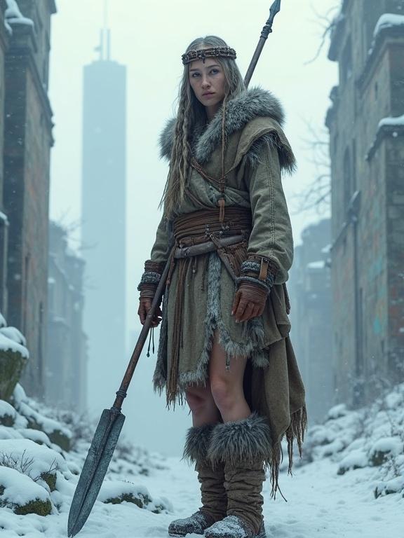 Photorealistic full-body portrait of a tall, proud huntress. She stands on snow-covered ruins of an ancient city. Her physique is lean, muscular from hunting. Pale skin is wind-burned with freckles and scars. Hair is braided and frost-hardened. Wears layered animal hides and fur cloaks. Holds a primitive spear. The scene captures cold mist and soft snowfall with cinematic lighting.