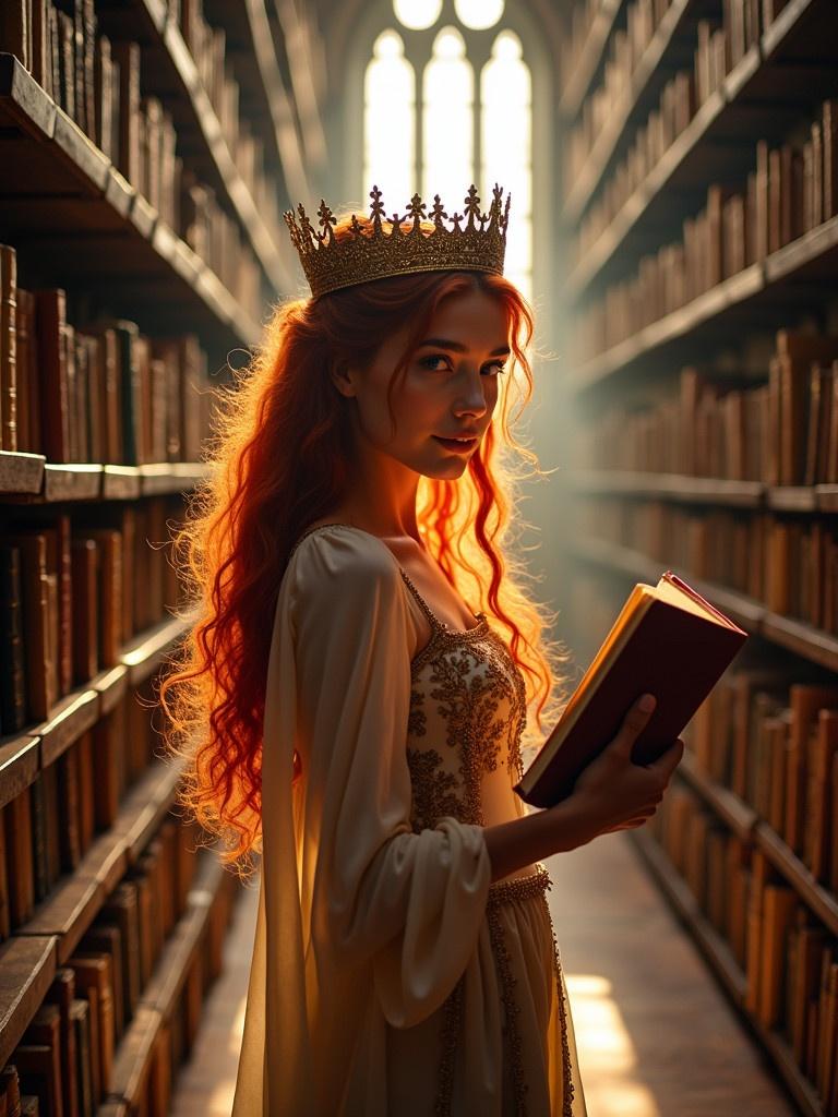 A grand castle library with ancient books. A young lady with flowing red hair stands captivated. She lifts a book from a wooden shelf. Warm sunlight filters through tall arched windows, illuminating dust particles. Her expression shows curiosity and delight. An enchanting scene that evokes nostalgia and wonder. A regal figure in ornate attire. The setting has a historical ambiance with warm lighting.